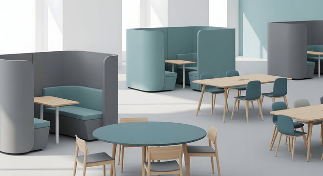 Vector illustration of compact office pod with bench table chair and privacy screens for focused work