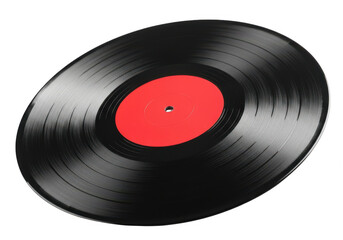 Vinyl record with red label on black disc isolated on transparent background