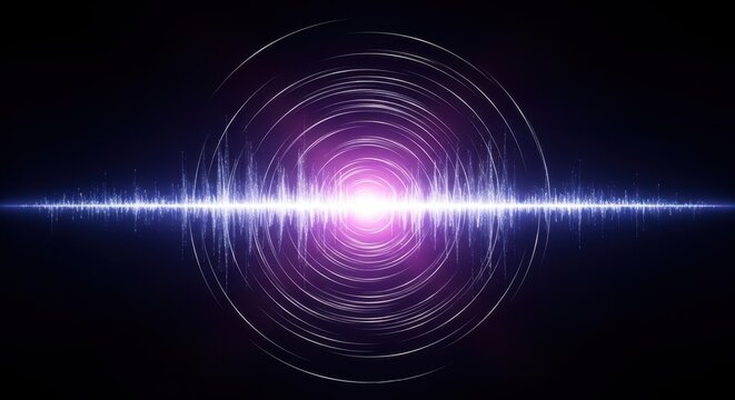 Abstract illustration showing powerful sonic waves radiating outward from a central point, symbolizing intense acoustic energy and vibration, volume, sound, shockwave