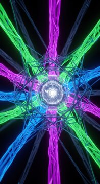 Digital glowing threads securely interlocking around a central abstract data core, symbolizing synchronized access control and integrity management, shield, computing, resource management