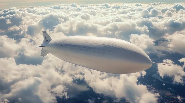 A large, white airship floats gracefully amidst a sea of fluffy white clouds