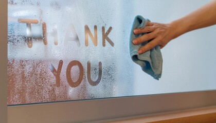 結露した窓ガラスに書かれたTHANK YOUと清掃イメージ generative ai