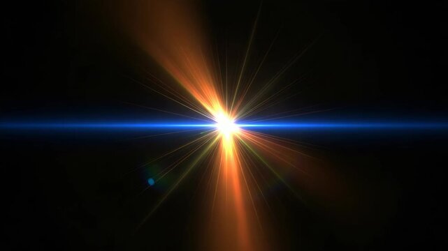 Bright starburst lens flare with orange and blue light rays on black background