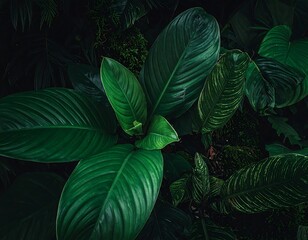 Fototapeta premium Overhead shot of lush, vibrant green leaves in a dark, verdant setting