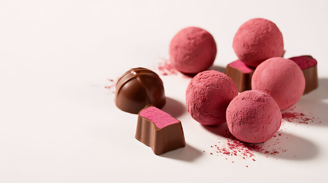 Delicious assorted chocolate confections with pink raspberry powder sprinkled around them