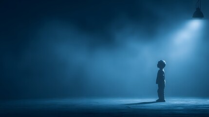 Fototapeta premium Mysterious Child Standing Alone in Eerie Blue Spotlight.
