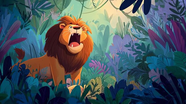 Roaring Cartoon Lion in a Vibrant Jungle Setting