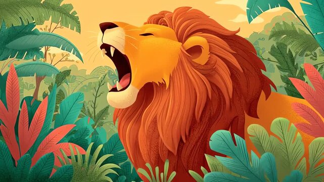 Majestic Lion Roaring in Vibrant Jungle Illustration