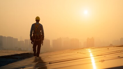 Silhouette of a worker walking on solar panels at sunset.