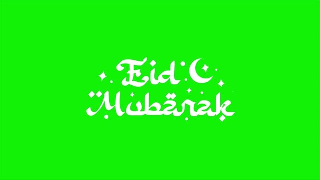 Eid Mubarak text animation on green screen background with crescent moon and stars, islamic holiday greeting for video editing and chroma key use