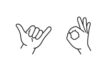 Two hands making shaka and ok signs with fingers on plain white background