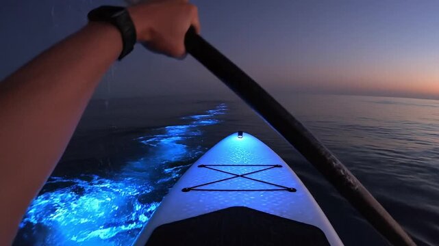 Night kayaking adventure with blue LED light on calm ocean at sunset