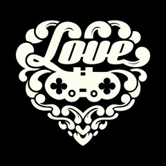 A white heart shaped logo with a video game controller and the word love © dog