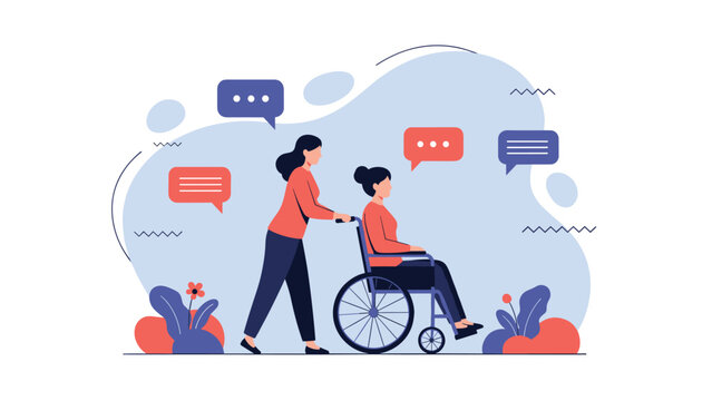 Kind woman pushing her friend in a wheelchair while they are surrounded by colorful speech bubbles indicating a helpful social interaction.