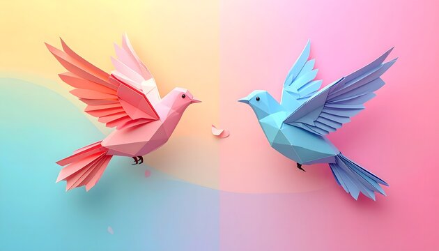 Dos palomas abstractas frente a frente sobre fondo pastel dividido en tonos c&aacute;lidos y fr&iacute;os