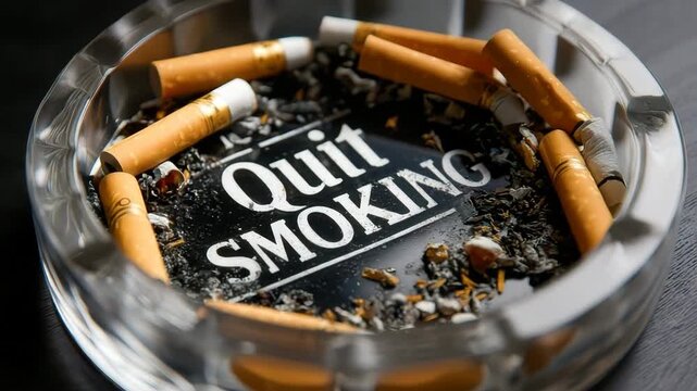 Cigarette butts and ashes filling a quit smoking ashtray