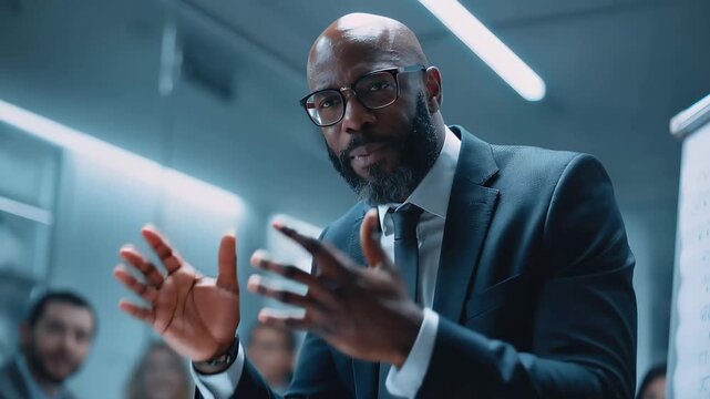 Meeting is taking place in a modern office with a smiling man in a suit presenting ideas to a group of people who are listening attentively around a whiteboard