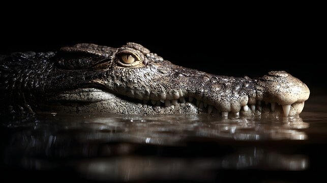 Close up of a crocodiles head emerging from dark water.