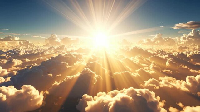 Golden sunbeams piercing through fluffy clouds at sunrise