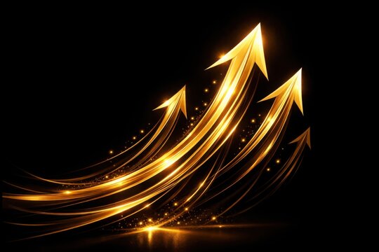 Abstract motion graphic of golden light trails forming upward arrows on a sleek black background, symbolizing business growth and success. Luxury, corporate, cinematic