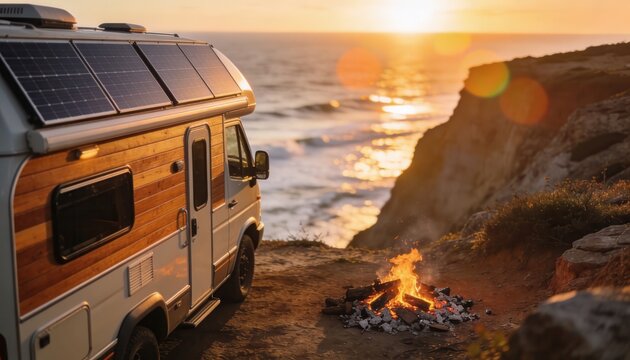 Solar Panel Van Camping by Cliffside Bonfire at Sunset Ocean View