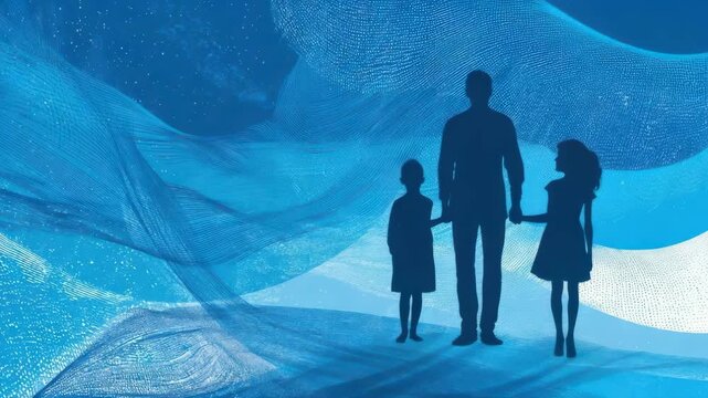 Family silhouette holding hands looking at flowing digital data