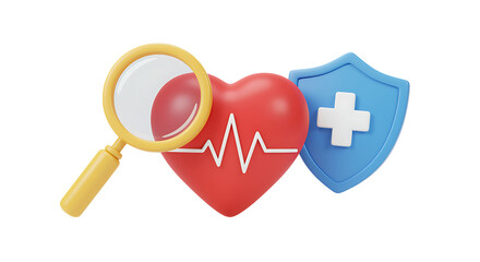 Fototapeta premium 3D rendering of magnifying glass on heart with ECG line and medical shield with cross symbol isolated on white background for healthcare and medical concepts transparent background