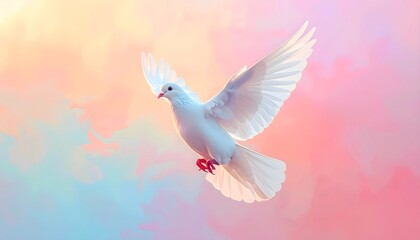 Fototapeta premium Paloma blanca en vuelo ascendente sobre cielo pastel con tonos rosados y azules