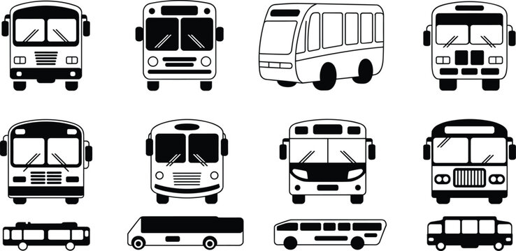 Vector collection of bus silhouettes featuring front and side views of public transport vehicles school buses and city coaches isolated on white background (24 words)
