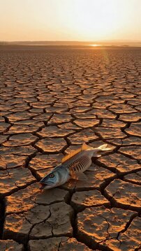 Dead fish skeleton on cracked dry earth during sunset, symbolizing drought and environmental disaster