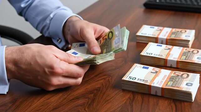 Man counting stacks of euro banknotes on a wooden desk, financial success concept