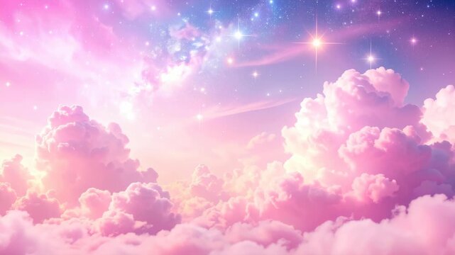 Dreamy pastel pink and purple sky with fluffy clouds and glowing stars