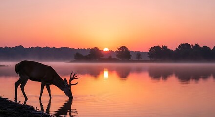 Deer Drinking Water at Serene Sunset Lake.