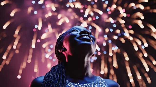 Young Black woman enjoys a vibrant fireworks display. She smiles joyfully, wearing a sequin top with braided hair.