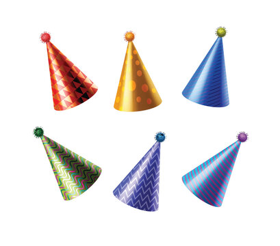 Set of Colorful Party Hats Vector Icons Isolated on White Background