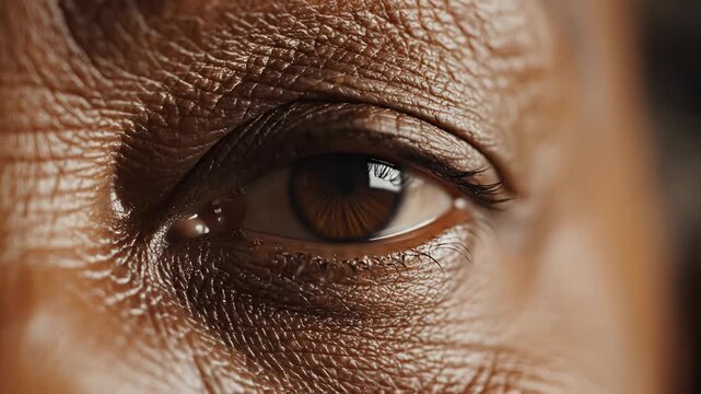 An elderly person's eye blinks slowly. Detailed skin texture and brown iris are visible. Representing aging and human vision.