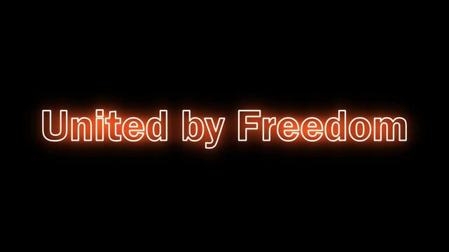 Glowing neon orange text proclaiming united by freedom centered over a shimmering purple heart made of sparkling particles on transparent background