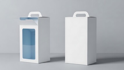White shoe boxes with handles one open and one closed on gray background white box cardboard box packaging