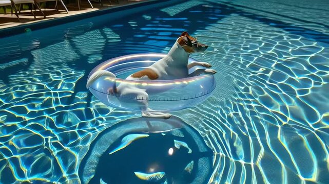 Jack Russell Dog Wearing Sunglasses Floats on Inflatable Ring in Pool
