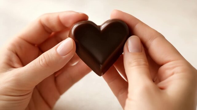 Hands gently holding heart shaped dark chocolate candy symbolizing love care and sweet moments on Valentine Day