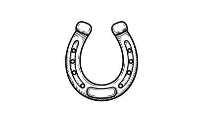 Horseshoe lucky charm symbol illustration with traditional good fortune icon in simple black outline vector graphic style for western equestrian design