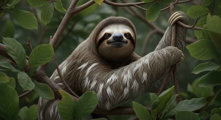 Naklejka premium Adorable Sloth Resting Peacefully in Lush Green Jungle Canopy.