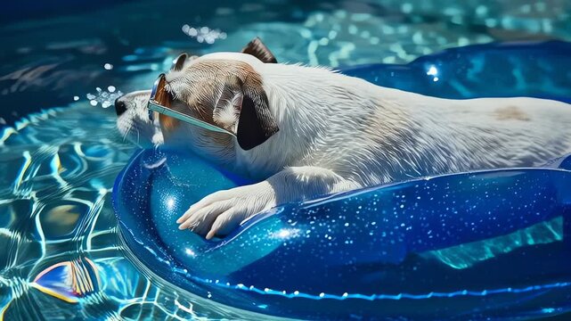 Dog Wearing Sunglasses Relaxing on Pool Float