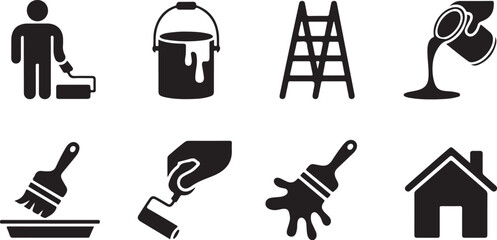 Obraz premium Set of black and white icons depicting home painting and renovation tools