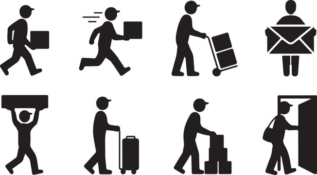 Set of delivery and luggage carrying icons featuring various transportation methods