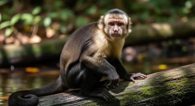Captivating White-faced Capuchin Monkey Perched on a Mossy Log in its Natural Habitat.