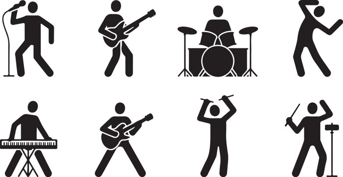 Set of eight black and white icons showing musicians playing different instruments