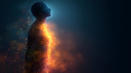 Mystical Human Silhouette Emitting Fiery Energy and Particles.