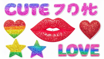 "Create a vibrant set of glittery stickers with playful, colorful designs, including words, hearts, stars, lips, and rainbow accents, all sparkling with a cheerful and affectionate mood."