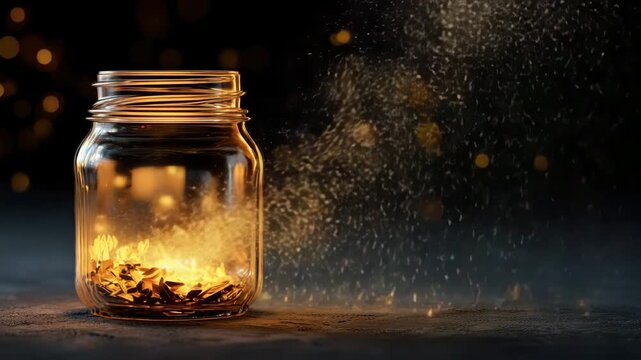 Fireflies trapped in a glass jar emitting golden light on a dark background